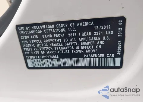 2013 Volkswagen Passat 2.5L Se из США, поврежденный, VIN 1VWBP7A37DC074085